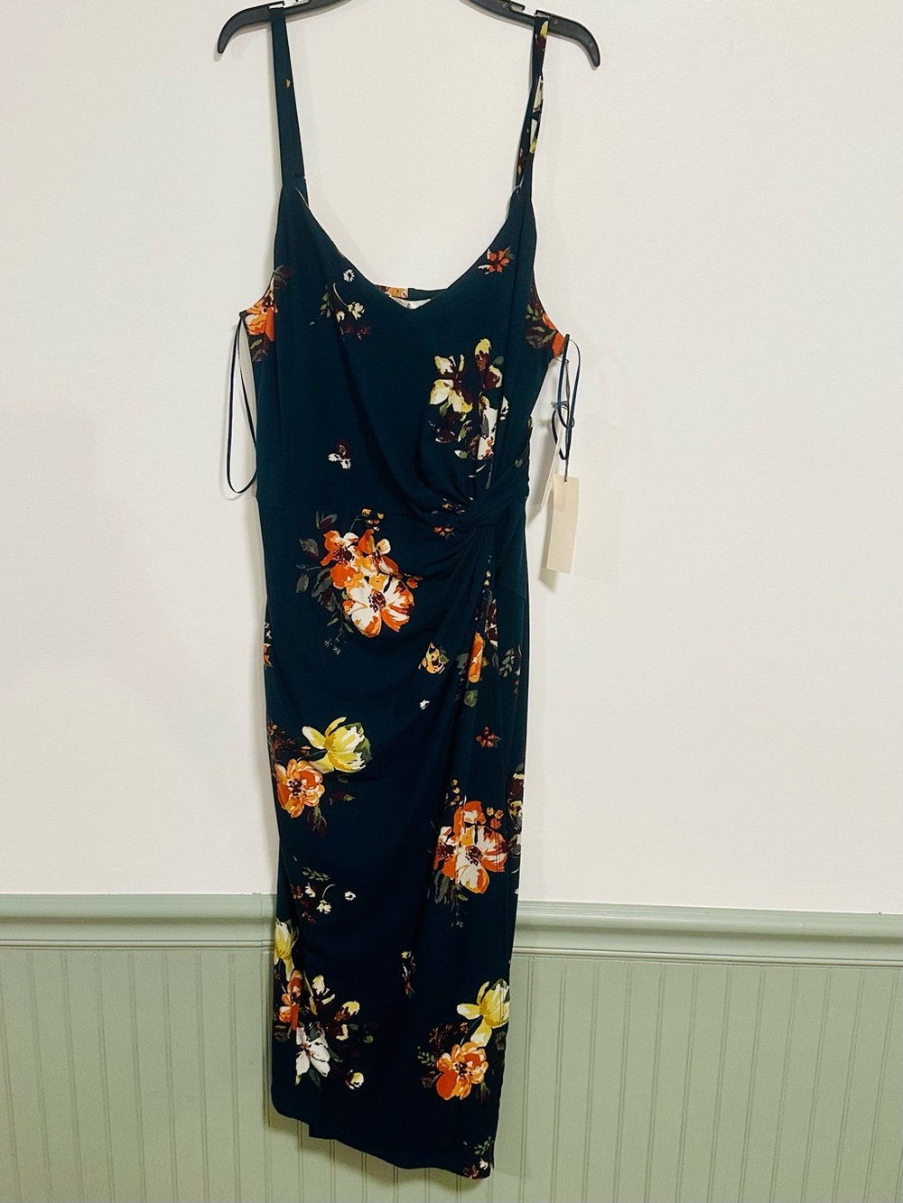 nine britton Black Floral Midi Dress with Orange & Yellow Blooms